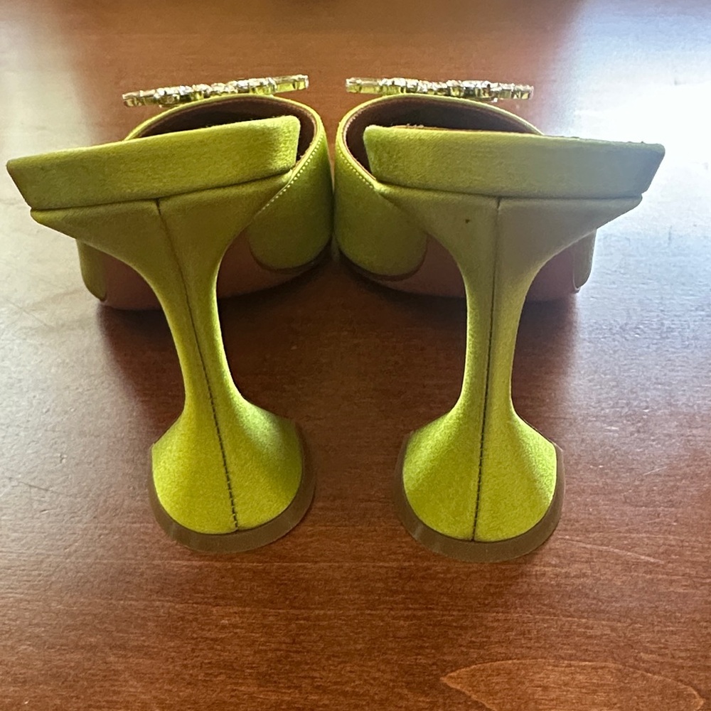 Amina Muaddi Lime Green Satin Pointed Crystal Sunburst Mules - Picture 2 of 4